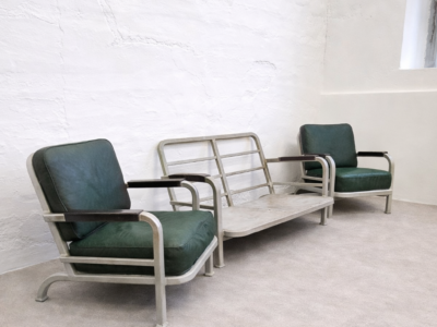 US Army Medical Aluminium Frame Lounge Set – 2-Seater Sofa and Armchairs by Hans H. Hunnebeck, 1953 (Tempelhof Air Base, Berlin)