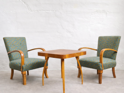 Halabala “Spider” Coffee Table and Hungarian Late Art Deco Armchairs, 1950s