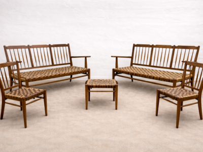 Lajos Kozma, pair of Mid-century Dining or Salon Oak Sofa-Bench & Chairs in untouched condition,1940s Hungary (extremeley rare)