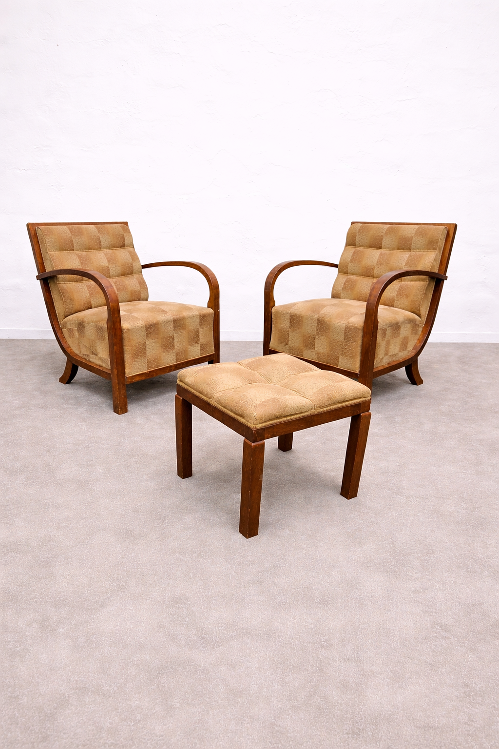 Hungarian Art Deco armchairs with matching footstool with original fabric c. 1930s.