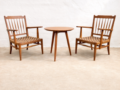 Lajos Kozma, pair of mid-century Hungarian oak armchairs & table in untouched condition,1940s Hungary (extremeley rare) -Documented