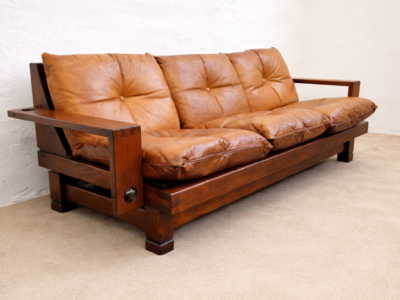 Mid century - Vintage, Swiss Solid Mahogany Lounge Sofa, 1960s–1970s (Brutalist style)