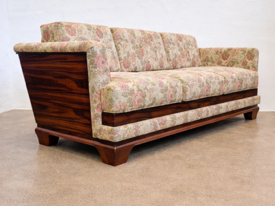 Art Deco Macassar veneered sofa, upholstered in floral fabric, Austria, 1930s