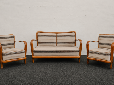 Paolo Buffa Attributed Black walnut & Jacquard Fabric Lounge Suite, Italy, 1930s
